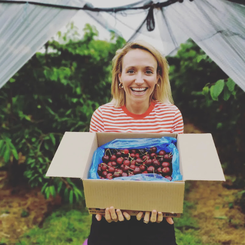 Kate Quilton with Box of Roughway Farm Cherries for Channel 4 food unwrapped