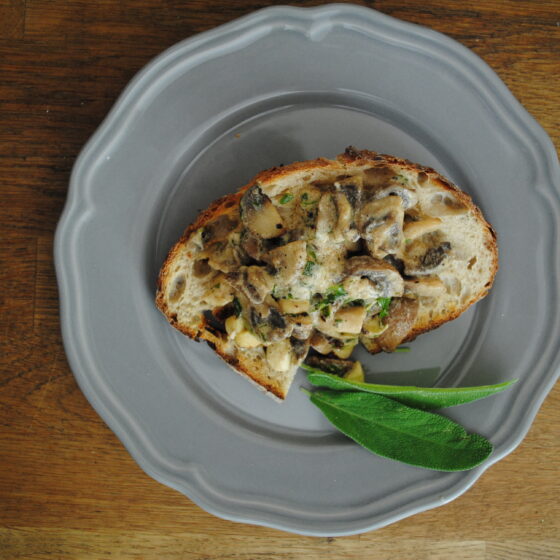 From above plate of sour dough toast, creamed mushrooms and cobnuts