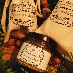 Jar of cobnut dukkah and cobnuts